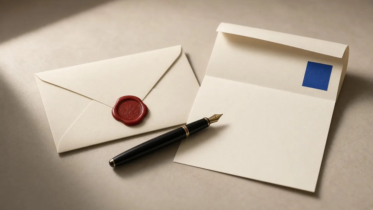 Cream envelope with a tomato-red wax seal, a blank letter, a fountain pen, and a cobalt square. Editorial still of inquiry, not a client letter.