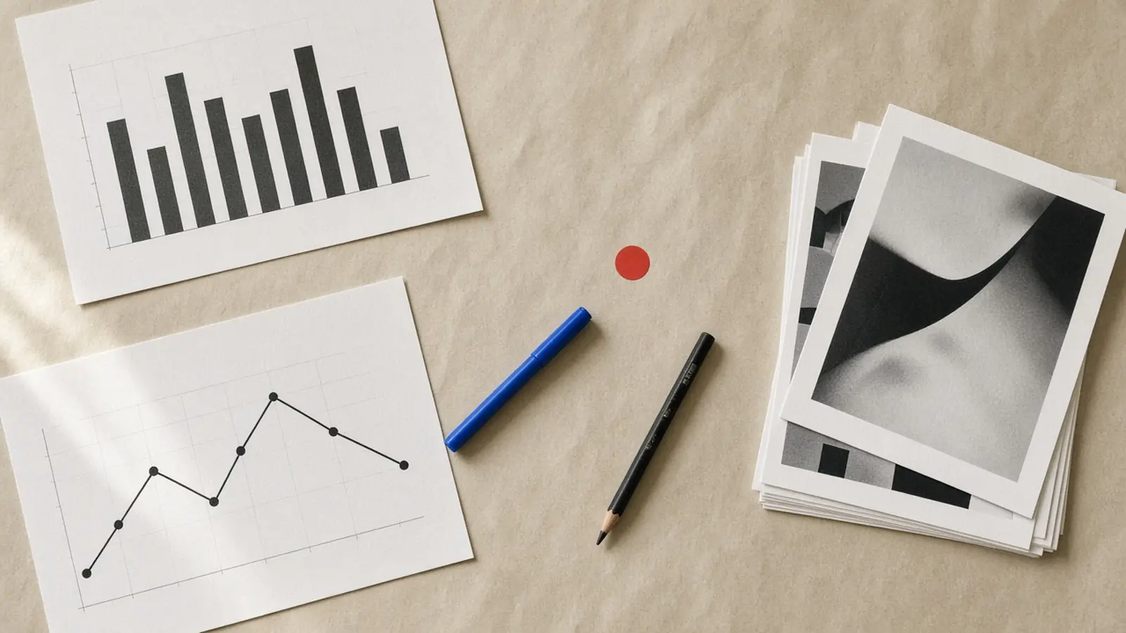 Overhead studio desk with unlabeled charts and prints. Editorial still of how SMXL works — not a client case study.