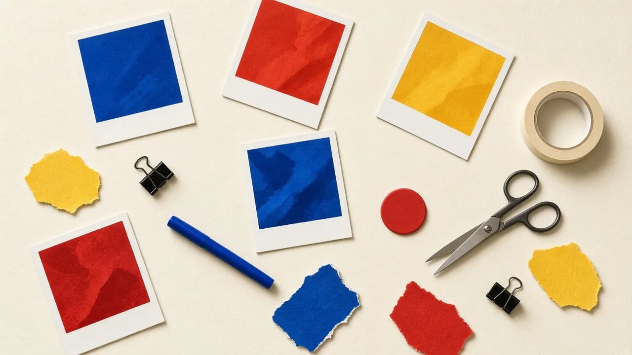 Overhead studio still of unlabeled Polaroid color fields, a cobalt marker, and a tomato-red sticker on cream paper. Editorial craft, not a client shoot.